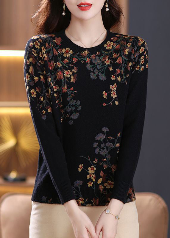 Black O Neck Zircon Print Wool Knit Top Spring