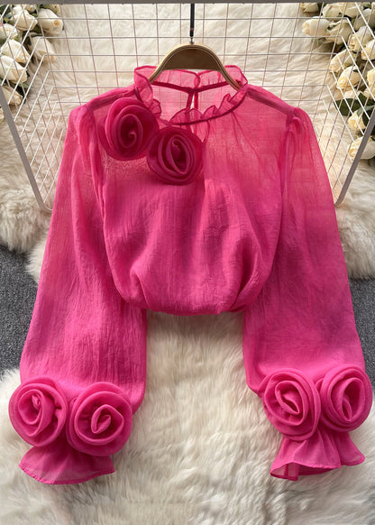 Rose Ruffled Chiffon Tops Long Sleeve