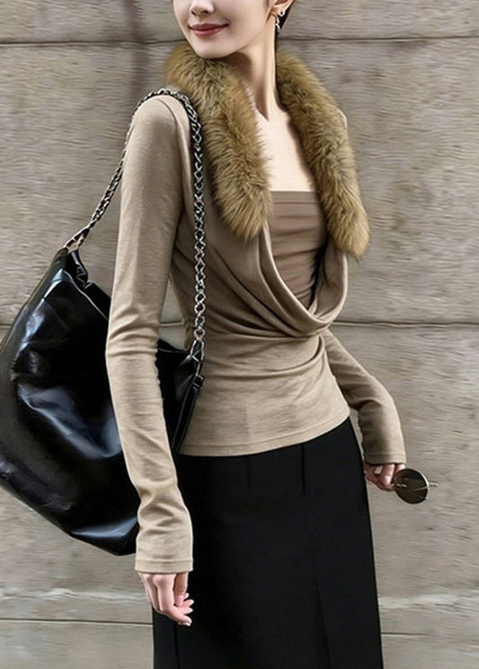 Slim Fit Coffee Fur Collar Patchwork Fake Two-piece Top Spring