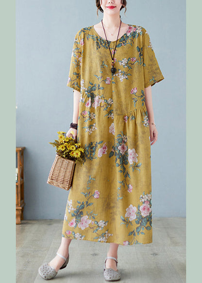 Yellow O-neck Print Maxi Dress Summer