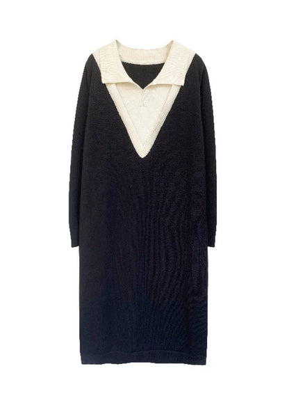 Diy Black Peter Pan Collar Patchwork Cotton Fake Two Piece Dress Fall
