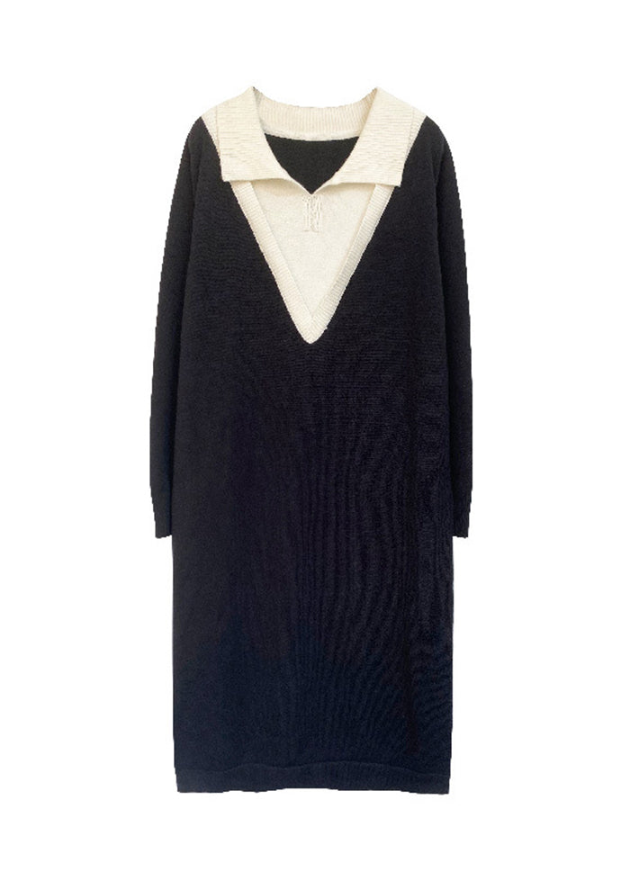 Diy Black Peter Pan Collar Patchwork Cotton Fake Two Piece Dress Fall