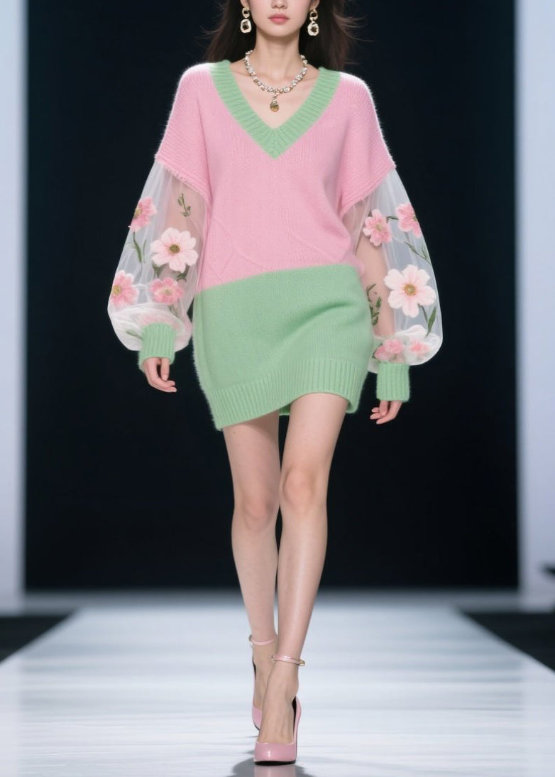 Colorblock V Neck Tulle Patchwork Knit Dress Fall
