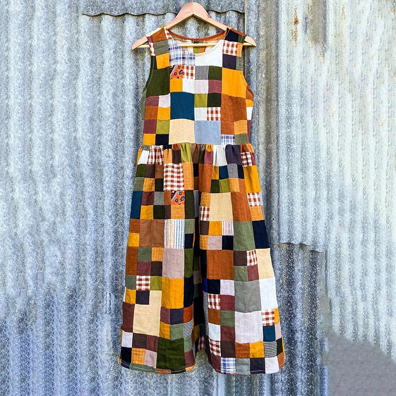 Women's Vintage Color Block Patchwork Cotton And Linen Dress artswardrobe