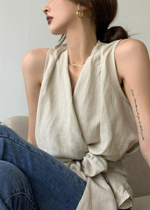 White Tie Waist Linen Vests Sleeveless