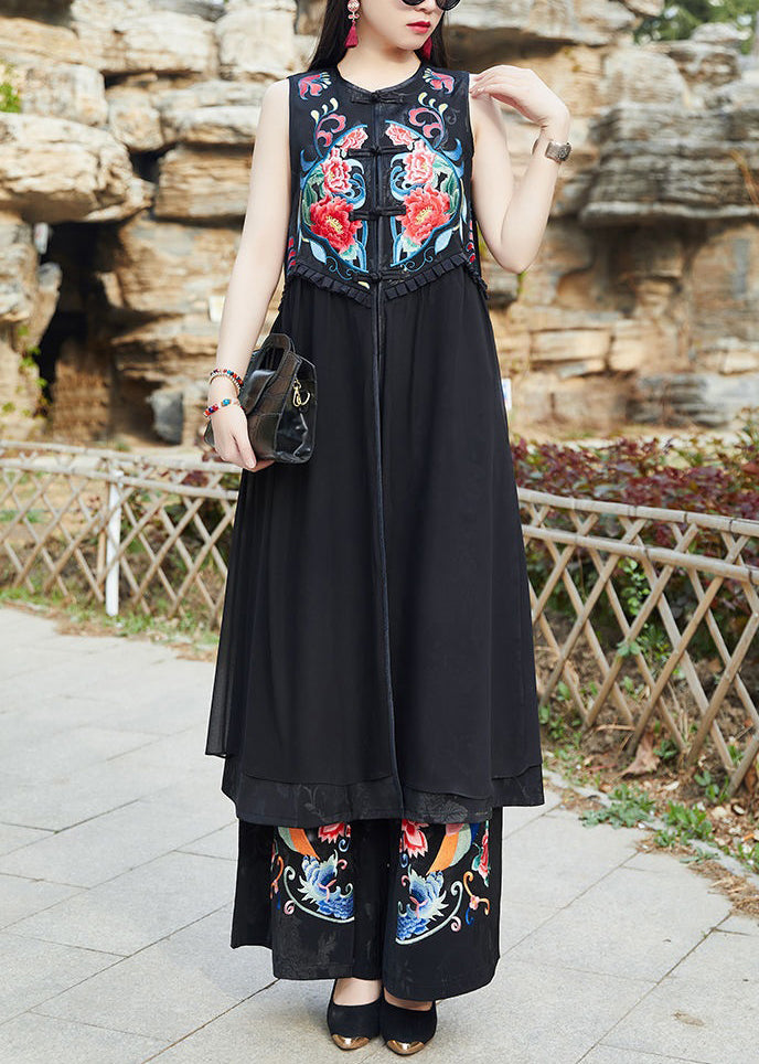 Black Embroideried Chinese Button Patchwork Silk Long Waistcoat Sleeveless