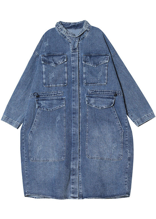 Unique Blue Pockets Button Loose Fall Denim Long Sleeve Coats Trench Coats
