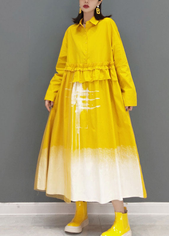 Yellow Print Long Dress Button Cinched Spring