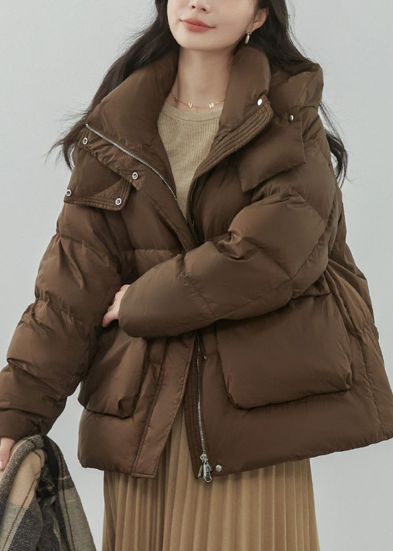 Coffee Zippered Pockets Patchwork Duck Down Coat Winter