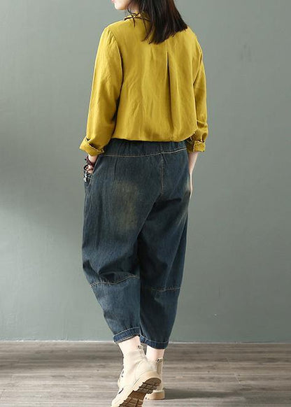 Spring Nine Points Cross Pants Denim Harem Pants Female Elastic Waist Retro Loose Trousers
