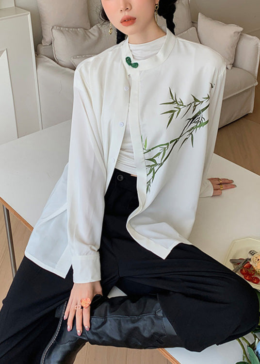 Diy White O-neck Print Button Silk Shirts Spring