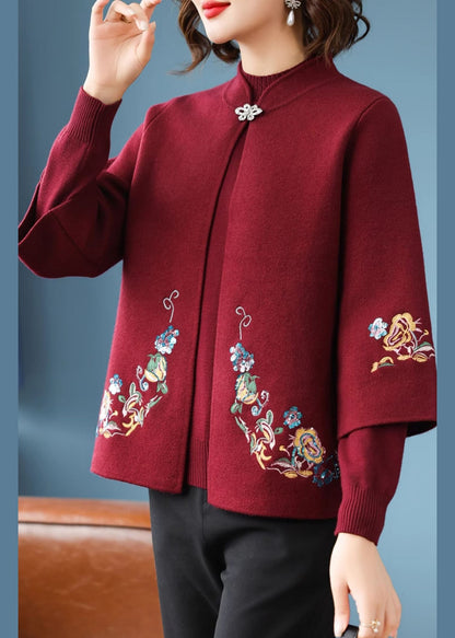 Red Stand Collar Cotton Knit Cardigans and Sweater Two Piece Set Fall