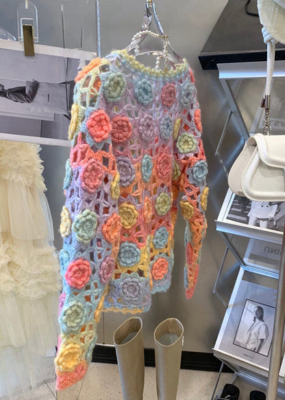 Handmade Rainbow V Neck Hollow Out Knit Cardigan Fall