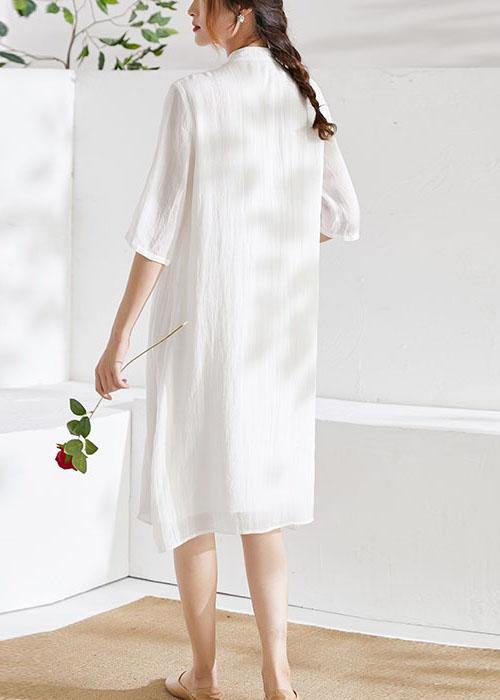 White Mandarin Collar Embroideried a Line Summer Ramie Holiday Dress Half Sleeve