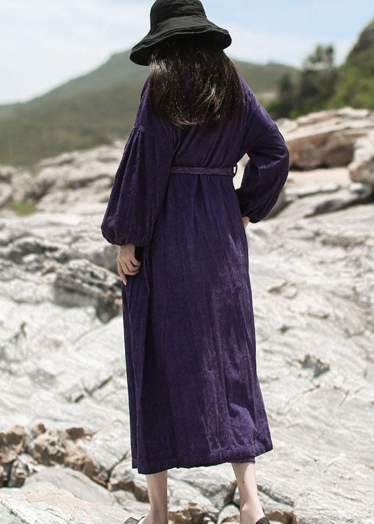 Purple Embroideried Pockets Corduroy Dress Spring