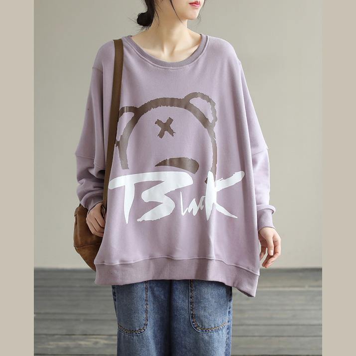 Modern Purple Cartoon Print Cotton Shirts O Neck Loose Spring Shirts