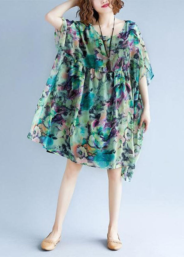 Green O Neck Print Patchwork Chiffon Dresses Summer