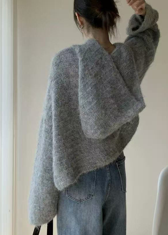 Cozy Grey V Neck Hooded Knit Shirts Spring