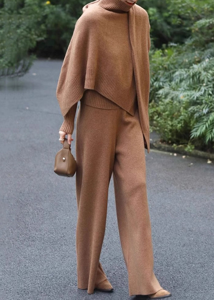 Khaki Turtleneck Knit Two Pieces Set Winter