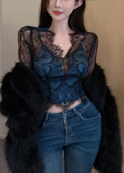 Black Hollow Out Patchwork Lace Tops