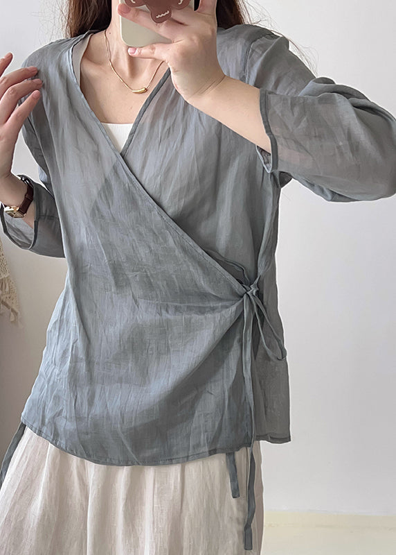 Grey Oversized Lace Up Linen Shirts Fall