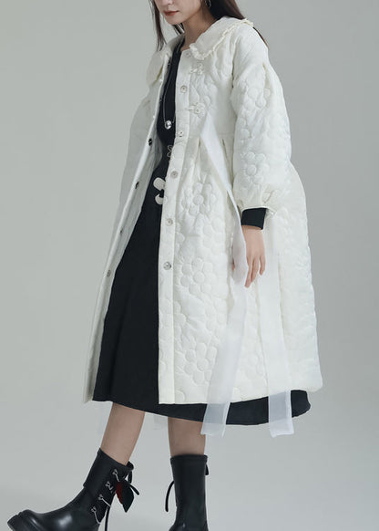 White Peter Pan Collar Pockets Fine Cotton Filled Witner Coat