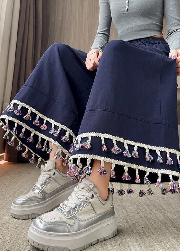 Navy Tasseled Cotton Wide Leg Pants Trousers Fall