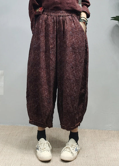 Handmade Red Elastic Waist Pocket Print Linen Lantern Pants Spring