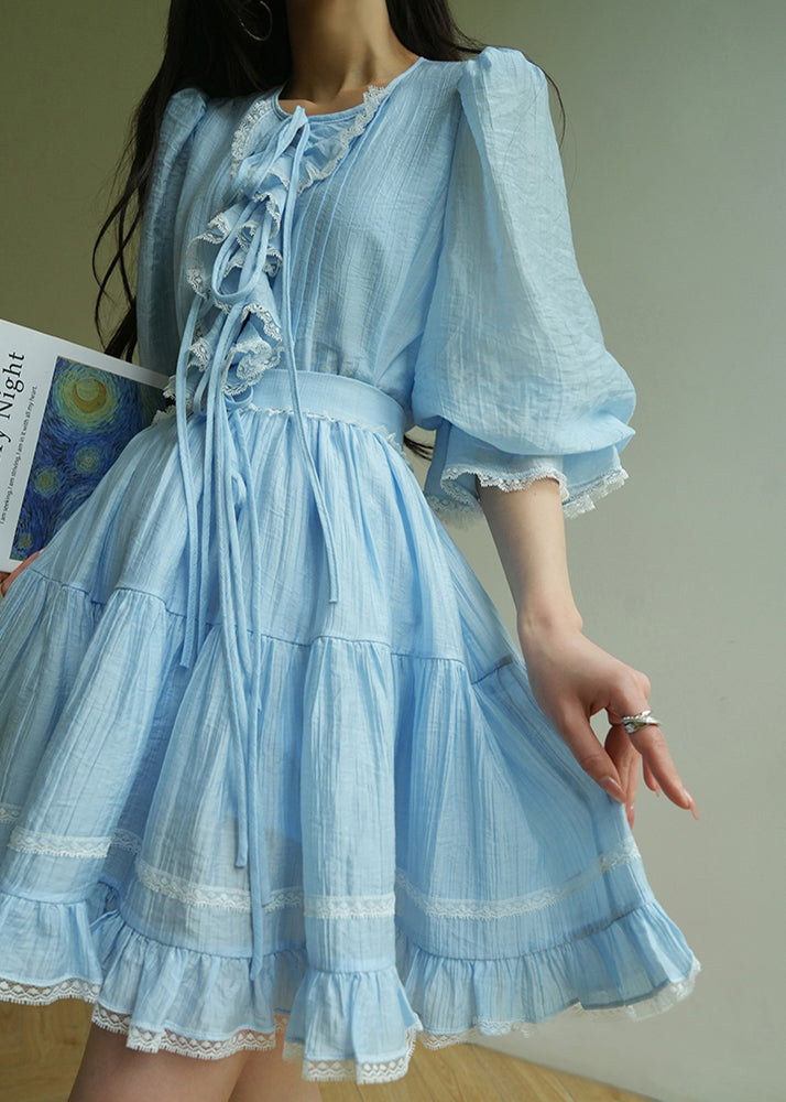 Blue Ruffled Lace Shirt and Skirts Cotton Two Pieces Set Half Sleeve