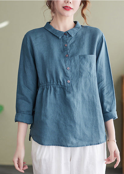 French Blue Peter Pan Collar Buttton Drawstring Cotton Shirts Long Sleeve