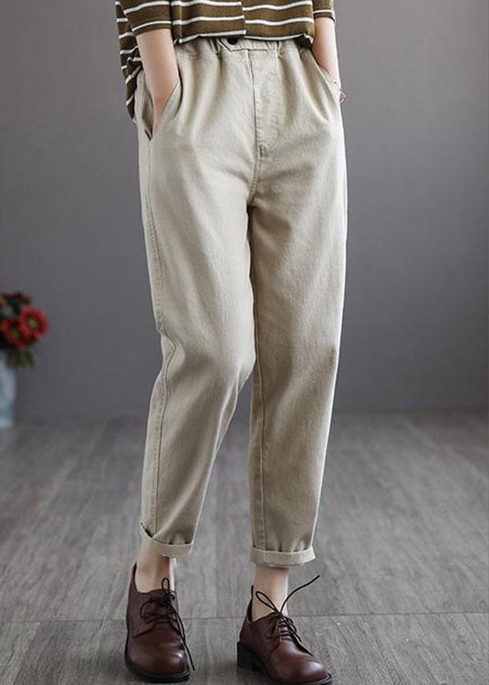 Beige Elastic Waist Pockets Cotton Pants Spring