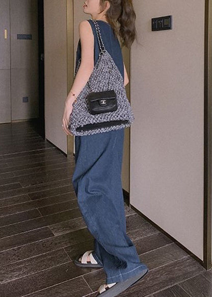 New Blue Button Pockets Denim Jumpsuit Sleeveless
