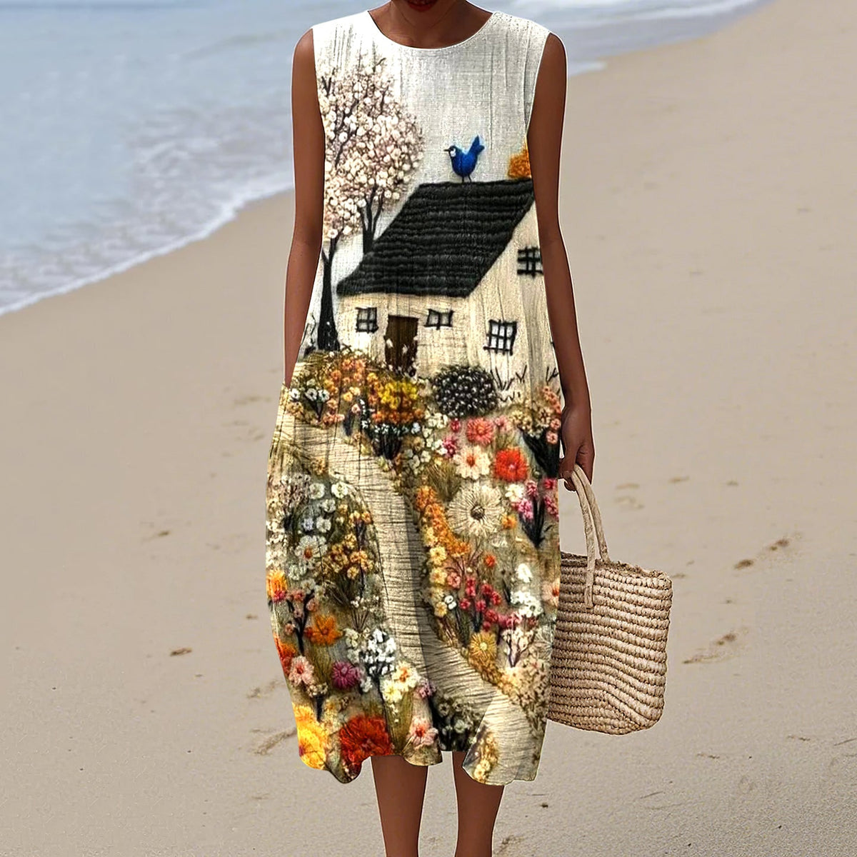 Vintage Loose  Hometown Rural Farm Bird Art Sleeveless Cotton And Linen Tank Dress artswardrobe