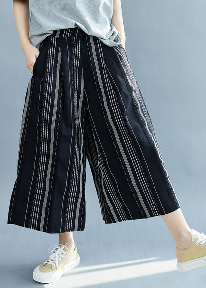 Black Striped Cotton Wide Leg Pants Spring