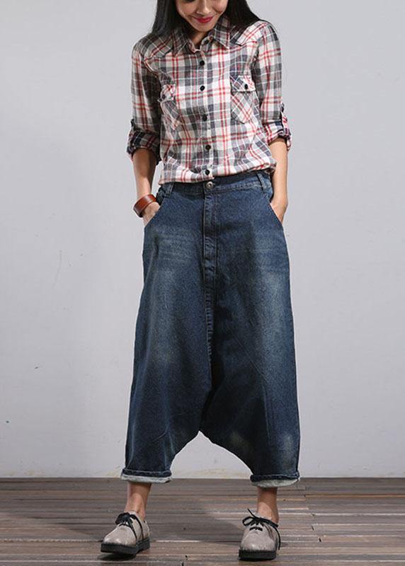 Modern Blue Pockets Wrinkled Fall Harem Denim Pants