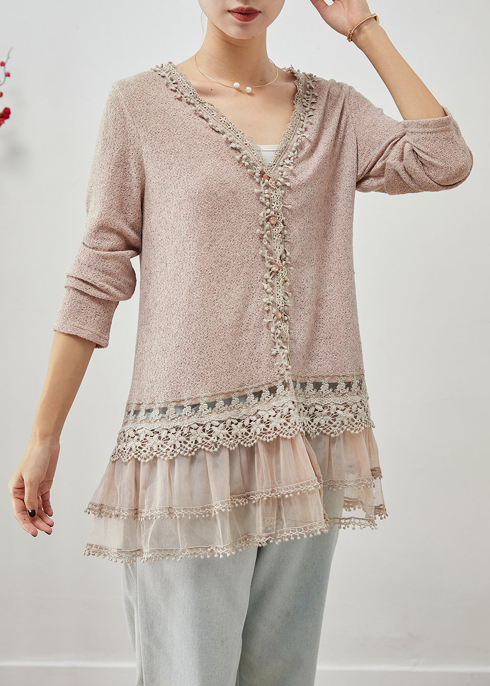 Light Purple V Neck Patchwork Ruffles Spandex Tops Fall