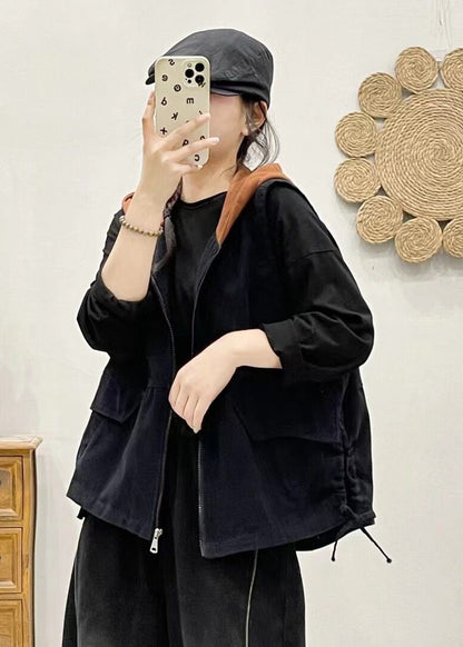 Khaki Hooded Zippered Patchwork Denim Vest Sleeveless