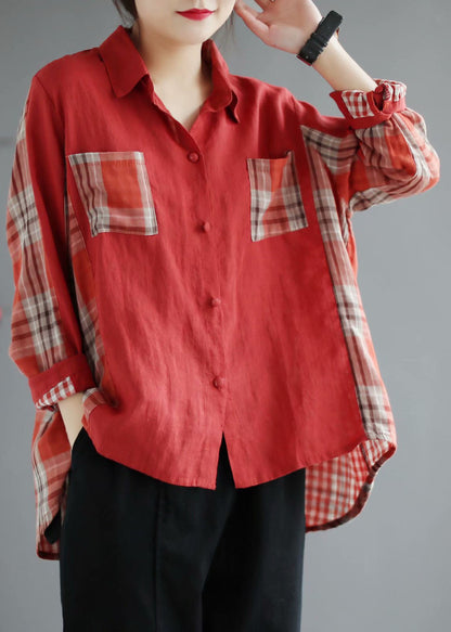Red Plaid Patchwork Peterpan Collar Button Fall Shirt Long Sleeve