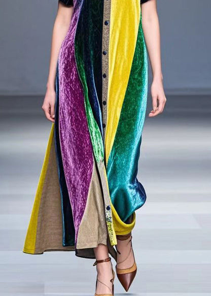 Colorblock Peter Pan Collar Patchwork Silk Velour Robe Dresses Fall