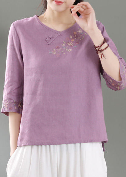Purple Patchwork Linen Shirt Top O-neck Embroideried Three Quarter Sleeve