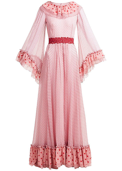 Pink Ruffled Dot Patchwork Chiffon Dresses Spring