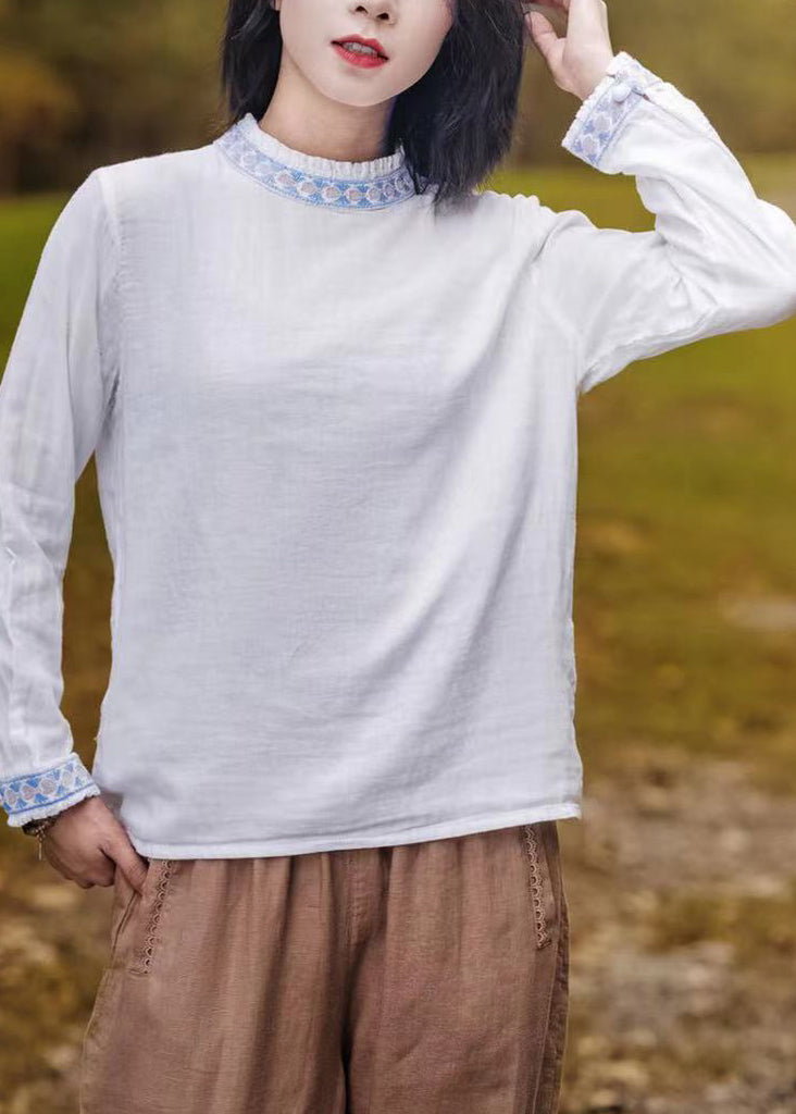 Pink O-neck Ruffled Patchwork Embroideried T Shirt Long Sleeve