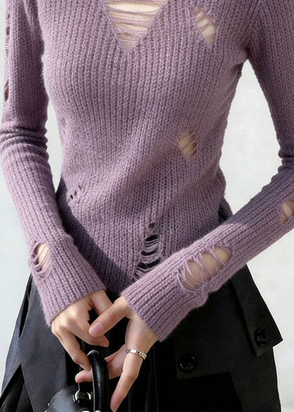 Lavender V Neck Ripped Knitted Tops Spring