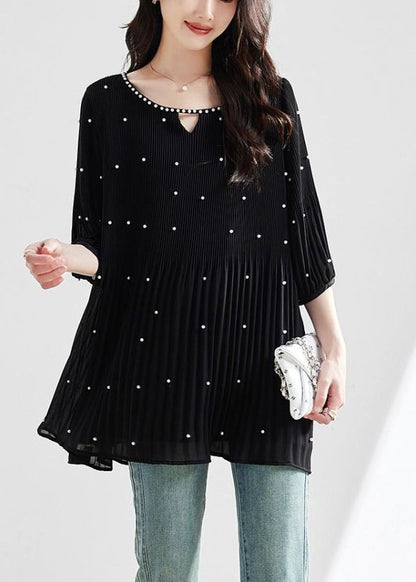 Modern Black O-neck Nail Bead Silk Top Half Sleeve