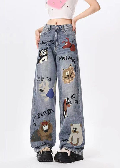 Blue Graffiti Pockets Denim Wide Leg Pants Spring