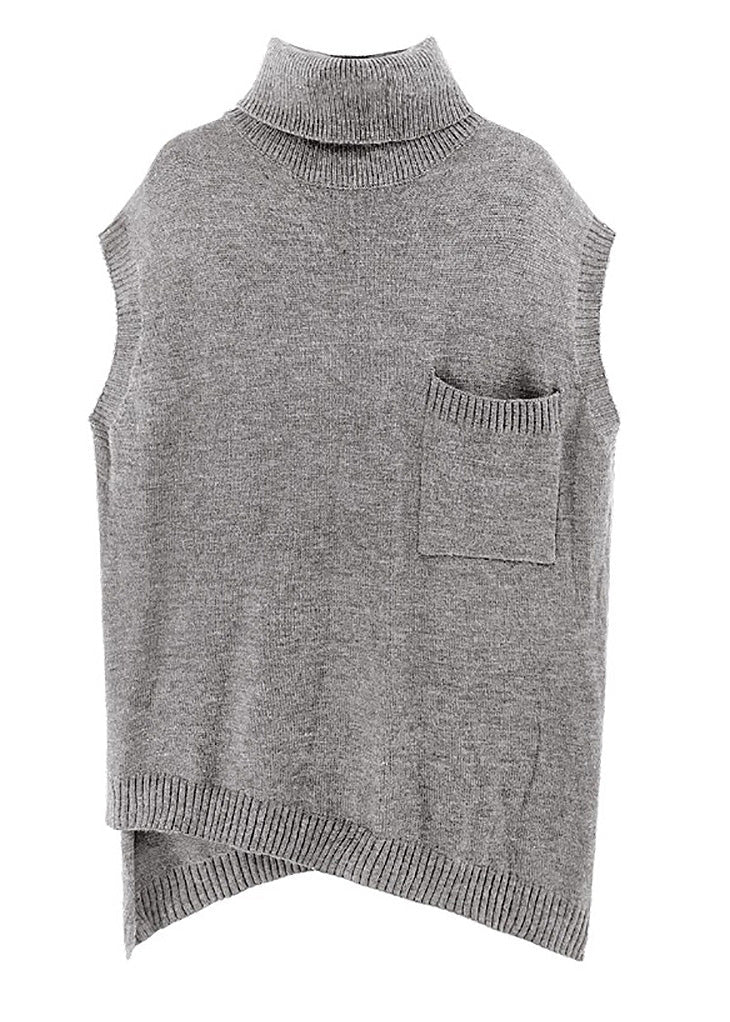 Grey Turtleneck Asymmetrical Thick Knit Waistcoat Spring