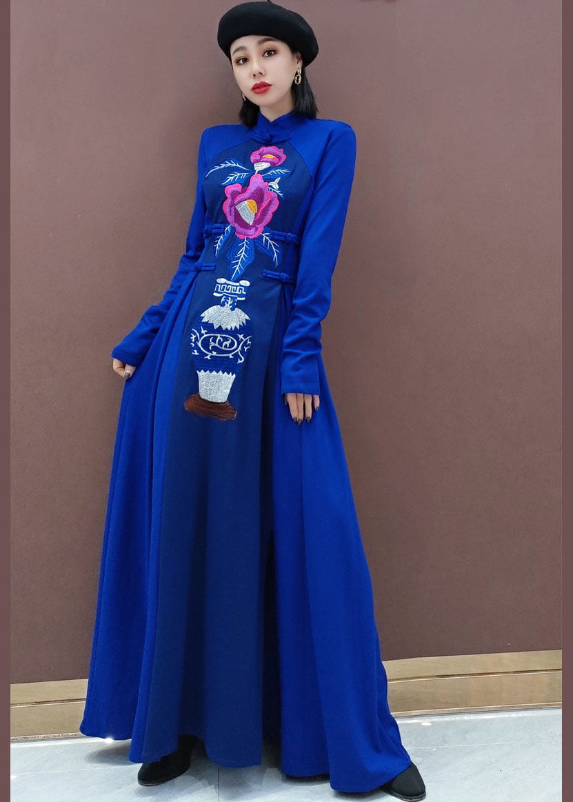 Blue Stand Collar Embroideried Long Dresses Spring