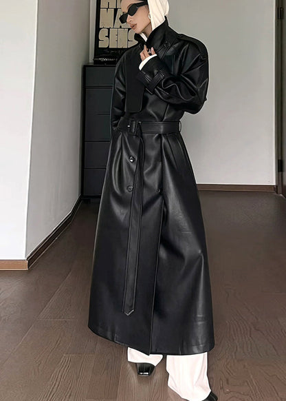 Black Peter Pan Collar Tie Waist Pockets Faux Leather Coat Fall