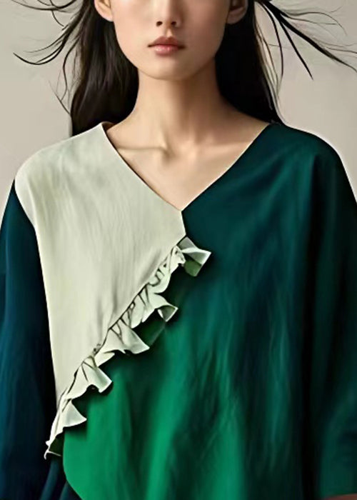 Beige V Neck Ruffled Cotton Tops Bracelet Sleeve