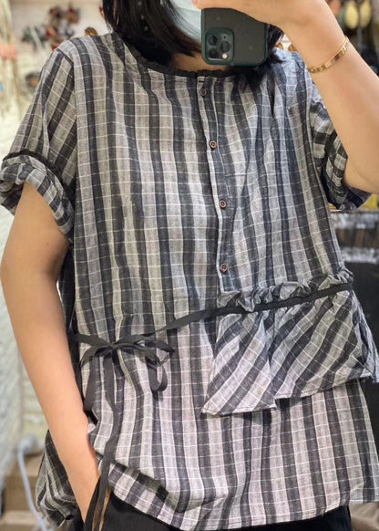 Boutique Yellow Ruffled Loose Plaid Linen Shirt Top Short Sleeve